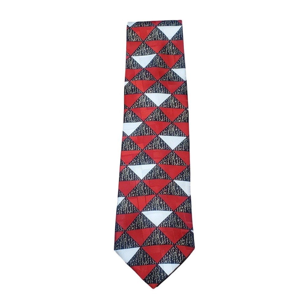 Vintage PI LIPS Mens Tie Red Black White Geometric Patchwork Checked 100% Silk